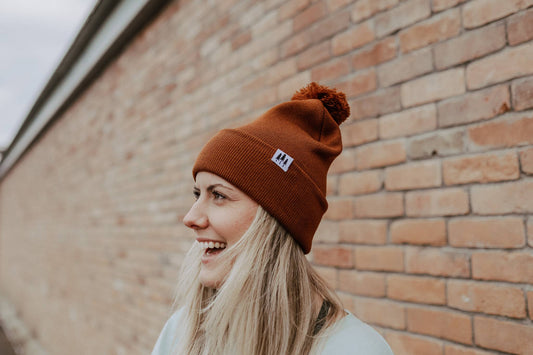 Three Tree Foldover Pom Beanie: Brown