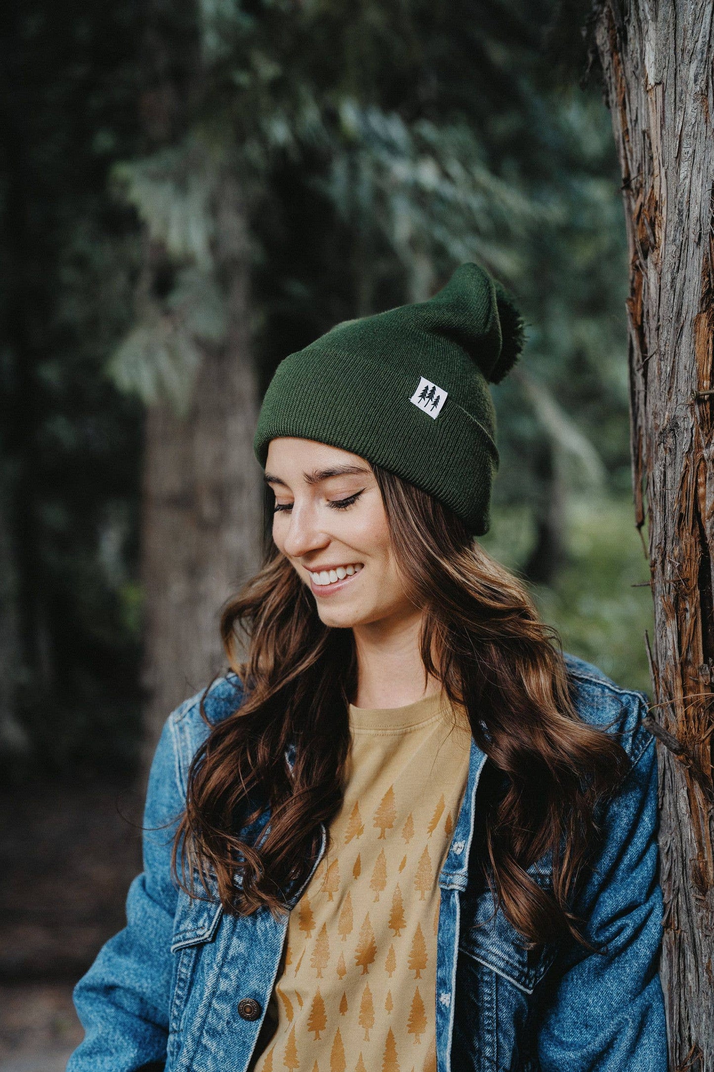 Three Tree Foldover Pom Beanie: Forest Green