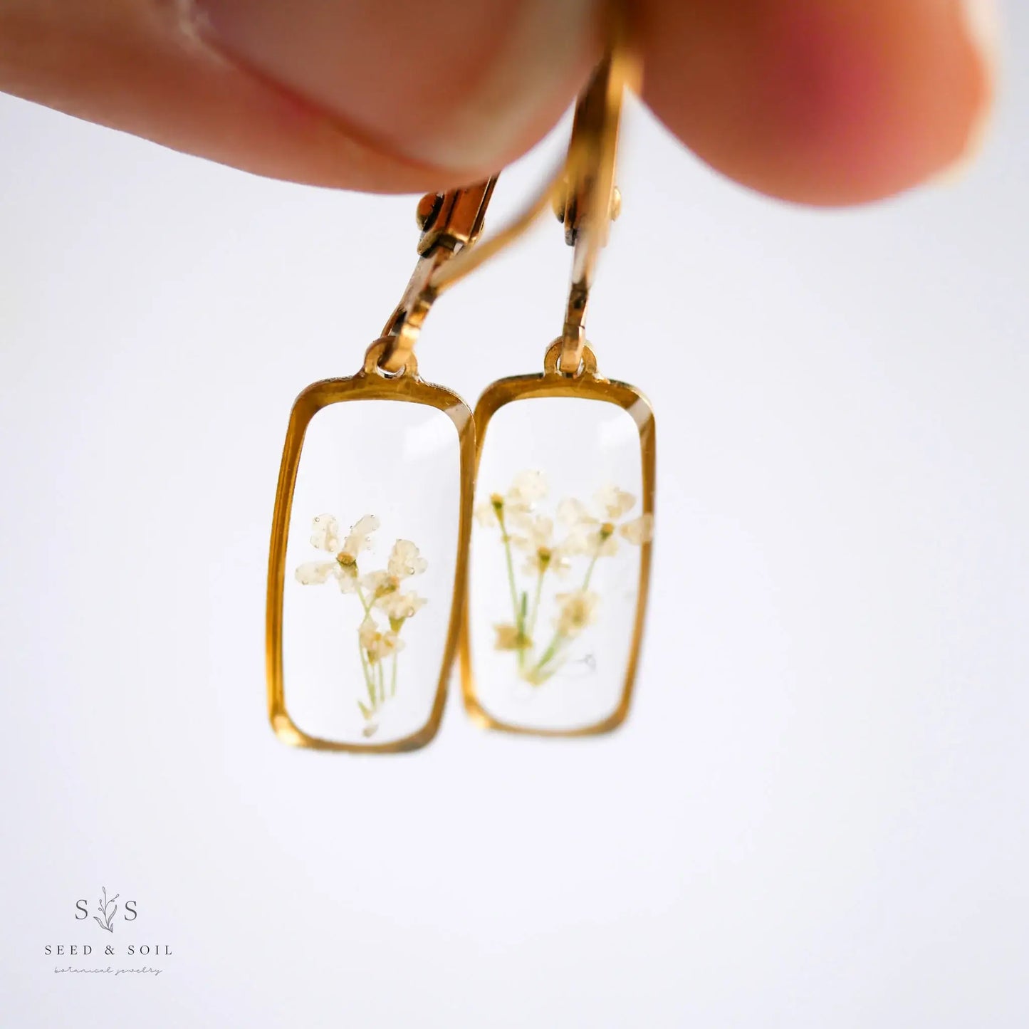 Tiny Rectangle Huggie Hoops: Queen Anne's Lace
