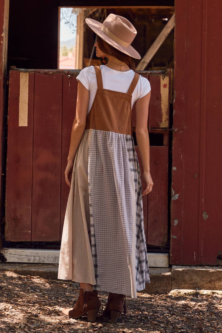 Patchwork Plaid Overall Dress : Taupe