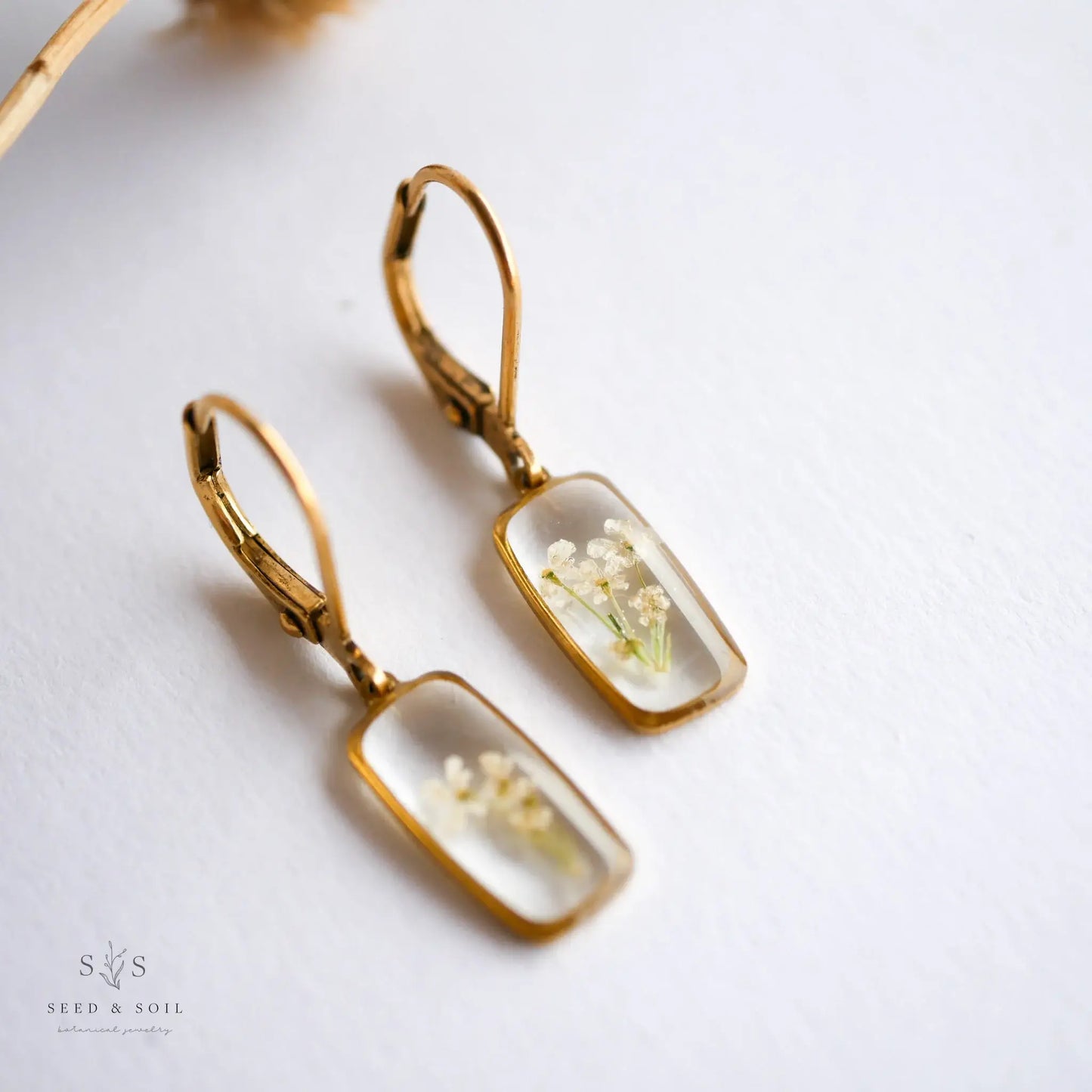 Tiny Rectangle Huggie Hoops: Queen Anne's Lace