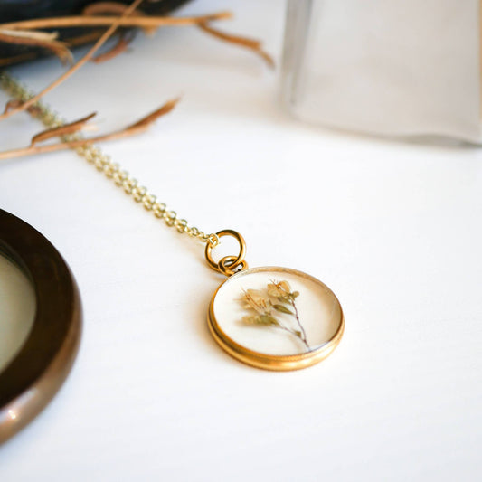 Tiny Dried Bouquet Pendant: 26" gold plain chain