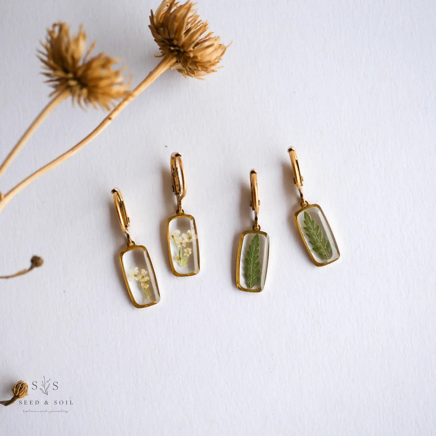 Tiny Rectangle Huggie Hoops: Queen Anne's Lace