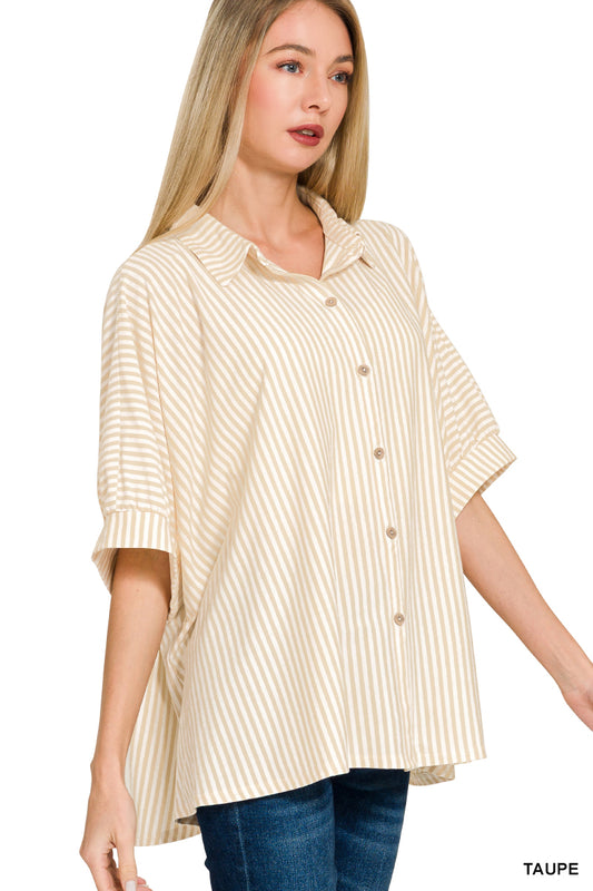 Oversized Button Down Top - Taupe