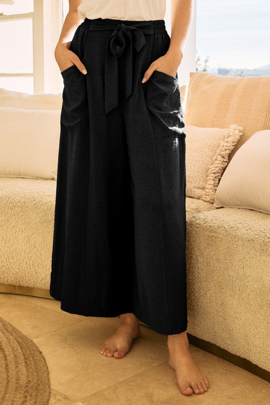 High Waisted Wide Leg Cropped Pants - Bllack