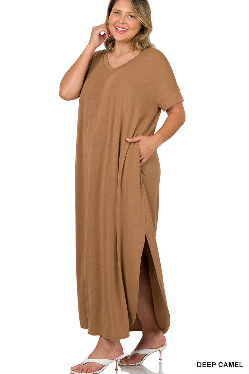 Zenana Short Sleeve V-neck Maxi -Deep Camel