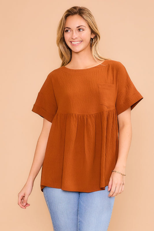 The Sallie Mae Babydoll Top - Rust