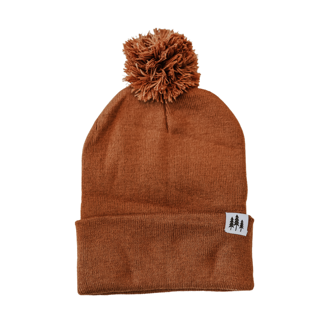 Three Tree Foldover Pom Beanie: Brown