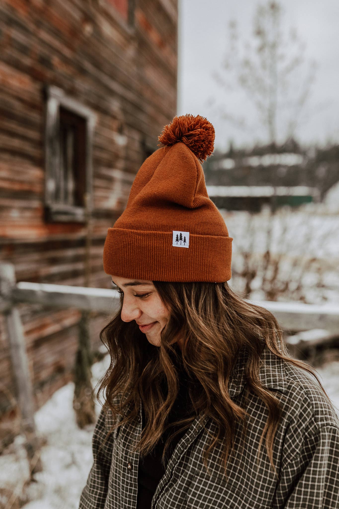 Three Tree Foldover Pom Beanie: Brown