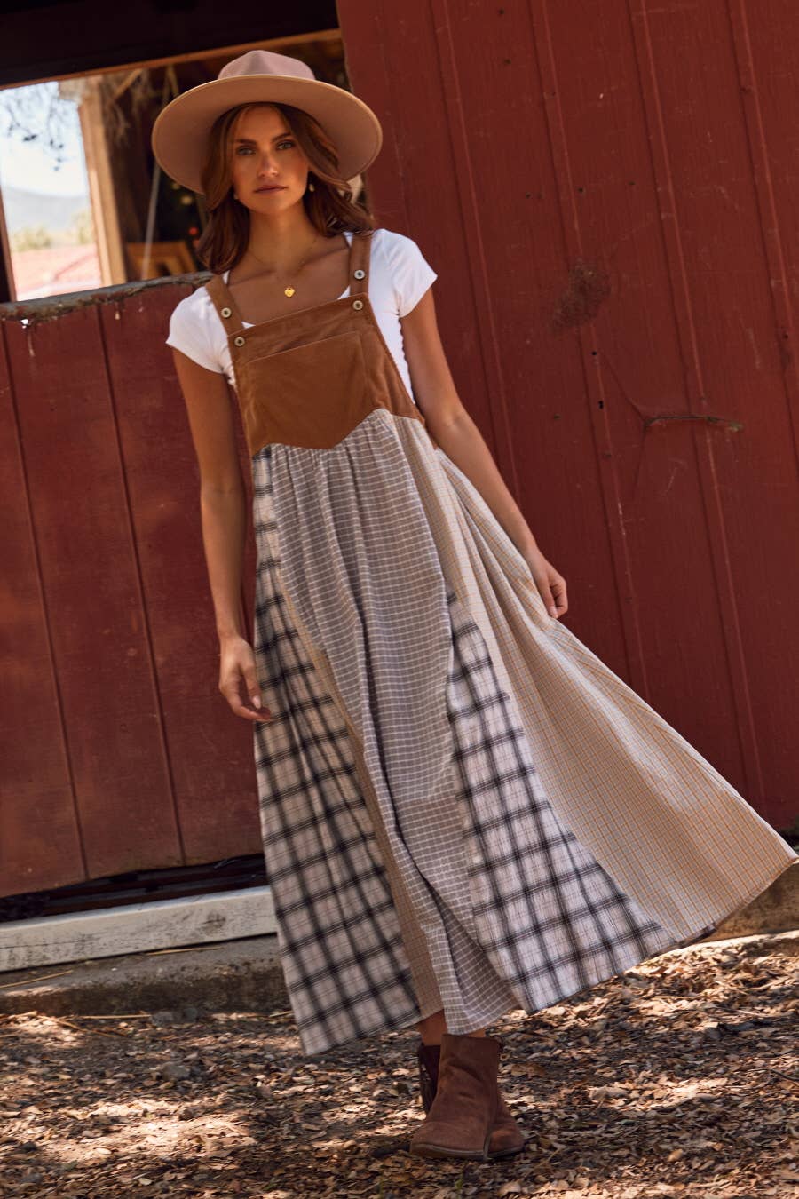 Patchwork Plaid Overall Dress : Taupe