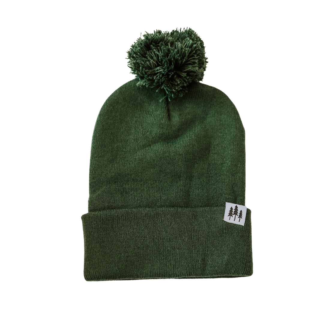 Three Tree Foldover Pom Beanie: Forest Green